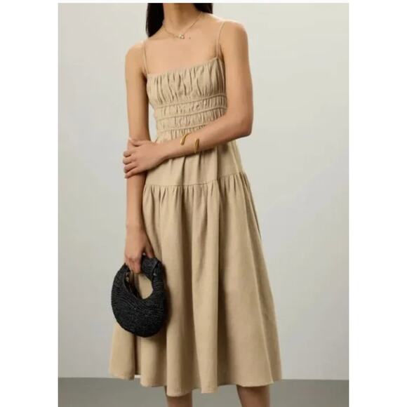 WeWoreWhat Dress Womens Large Tan Scrunchie Linen Smocked Bodice Midi Sundress - Picture 1 of 11